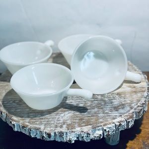 Fire king 4 white small bowls w/ handles